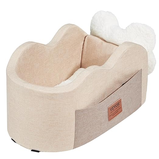 VEVOR Console Dog Car Seat, Center Console Dog Booster Seat for Small Dogs, Pet Bed for Car Armrest with Clip-On Leash, Adjustable Straps, Supports up to 8lbs, Light Brown