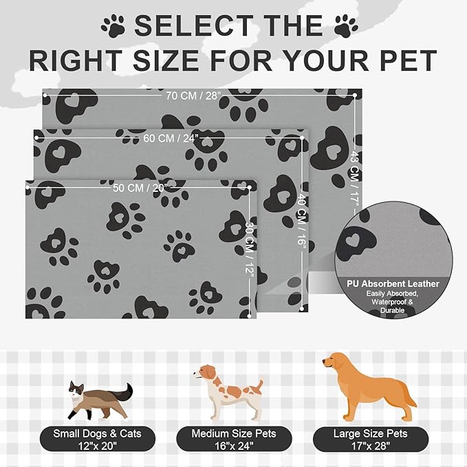 Pet Feeding Mats 17"x28"- Absorbent Pet Food Mat, Large Dog Food Mat, Rubber Mat for Cat Bowls, Pet Placemats for Food and Water, Dog Water Matt for Sloppy Drinker, Dark Grey