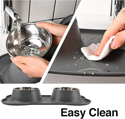 Dog Bowls 2 Stainless Steel Bowl for Pet Water and Food Feeder with Non Spill Skid Resistant Silicone Mat for Pets Puppy Small Medium Cats Dogs