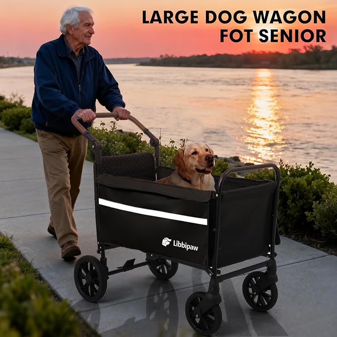 Dog Wagon for Medium Large Dogs up to 200lbs, All Terrain Foldable Large Pet Stroller with Ramp, Dog Wagon Cart with Adjustable Handle & One-Step Brake(Black)