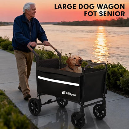 Dog Wagon for Medium Large Dogs up to 200lbs, All Terrain Foldable Large Pet Stroller with Ramp, Dog Wagon Cart with Adjustable Handle & One-Step Brake(Black)