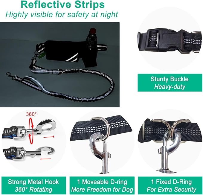 Hands Free Dog Leash with Pouch, Waist Leash for Dog Walking with Water Bottle Holder, Reflective Stitching, Dual Handle, Bungee Retractable Running Medium to Large Black 25-120 lbs