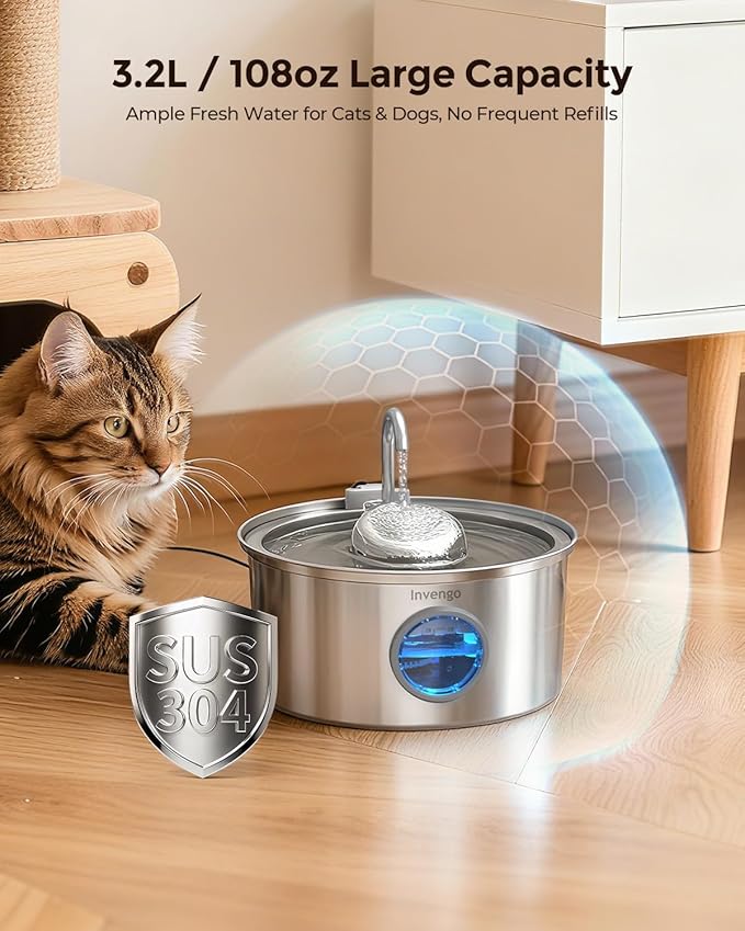 Cat Water Fountain Stainless Steel, 108oz/3.2L Pet Fountain with Large Water Level Window, Ultra Quiet Automatic Cat Water Dispenser for Cats and Dogs, 2 Flow Modes, Splash-Proof Design