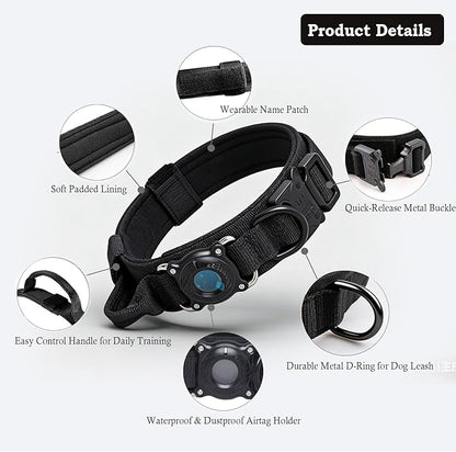 Xqpetlihai Upgraded AirTag Dog Collar Waterproof Tactical Dog Collar with AirTag Holder Heavy Duty Dog Collars for Large Dogs (Black，XL