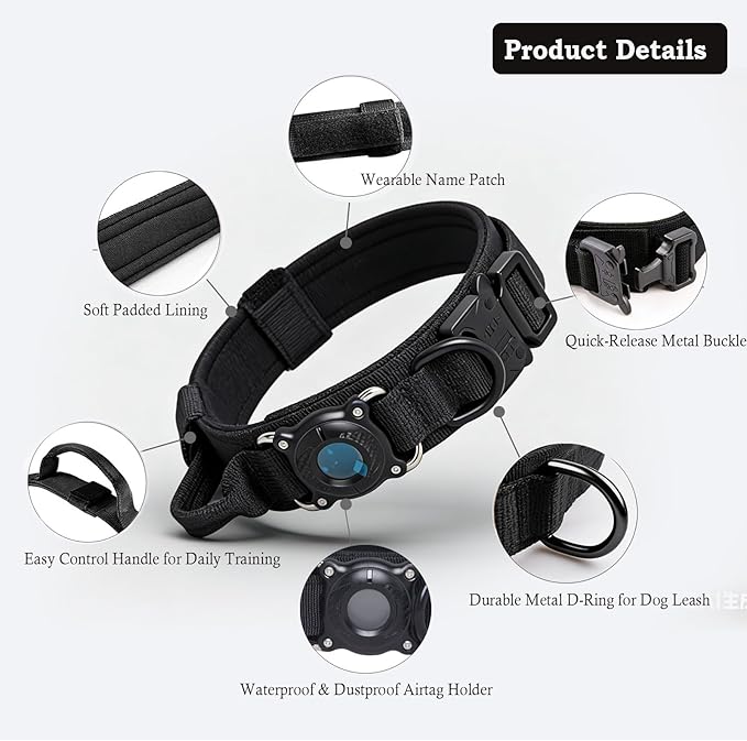 Xqpetlihai Upgraded AirTag Dog Collar Waterproof Tactical Dog Collar with AirTag Holder Heavy Duty Dog Collars for Large Dogs (Black，L