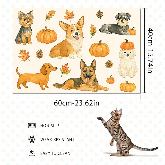 Fall Dog Pet Feeding Mat Autumn Pumpkin Design Food Mat for Dogs and Cats Non Slip Pet Bowl Mat with Cute Puppy Pattern Seasonal Mat for Cat Food and Water Bowls Home Kitchen 24" x 16"