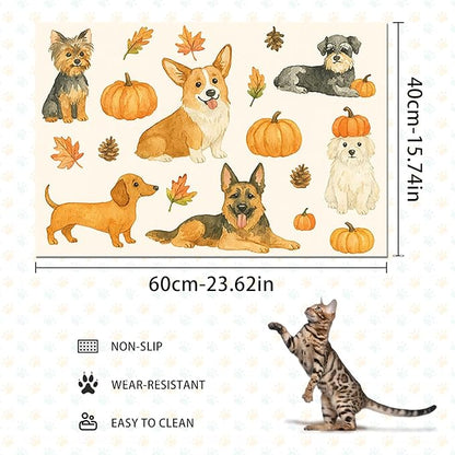 Fall Dog Pet Feeding Mat Autumn Pumpkin Design Food Mat for Dogs and Cats Non Slip Pet Bowl Mat with Cute Puppy Pattern Seasonal Mat for Cat Food and Water Bowls Home Kitchen 24" x 16"