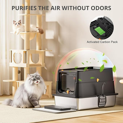 Stainless Steel Cat Litter Box, XL Enclosed Cat Litter Box with Lid, Easy to Clean High-Sided Metal Kitty with Top Entry, Scoop, Mat, Brush & Foot Pedal-Black