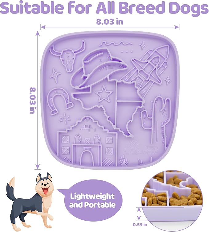 Puzzle Feeder Snuffle Mat and Lick Mat for Dogs,Texas Textured Slow Feeder, 0.75 Inch Thin Silicone Mat Holds 3 Cups, Dishwasher and Microwave Safe, Purple