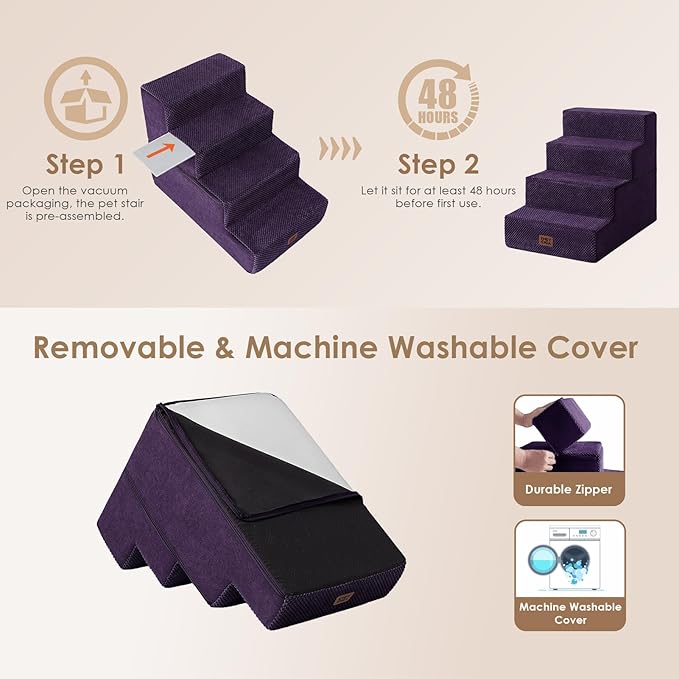 EHEYCIGA Dog Stairs for Bed 18" H, 4-Step Dog Steps for High Bed, Pet Steps for Small Dogs and Cats, Non-Slip Balanced Pet Ramp Indoor, Purple