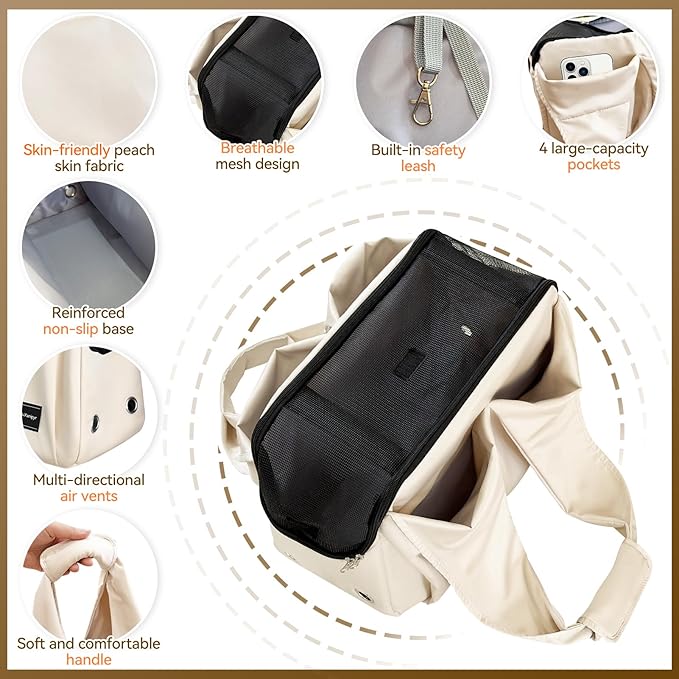 Dog Purse Carrier, Small Dog Cat Puppy Outdoor Portable Bag, Foldable Breathable 3‑Speed Zipper Access Pet Travel Bag with Large-Capacity Pockets, 15 lbs Capacity,Beige