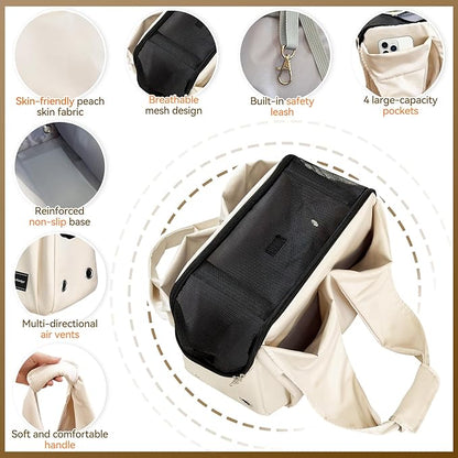 Dog Purse Carrier, Small Dog Cat Puppy Outdoor Portable Bag, Foldable Breathable 3‑Speed Zipper Access Pet Travel Bag with Large-Capacity Pockets, 15 lbs Capacity,Beige