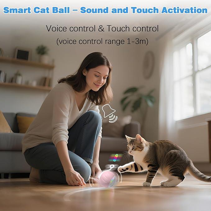 Interactive Cat Toy for Indoor (Sounds&Touch Control) Smart Cat Toys-Automatic Moving Cat Ball Toy-Fast Slow 2Speed with Feathers Tail&Lights for Kittens,Older Cats,Bored Cats,Ferret,USB Rechargeable