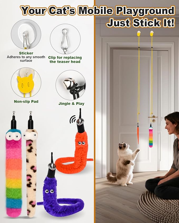 Cat Feather Toys, Enhanced Suction Cup Cat Toys, Interactive Cats Teaser Wand, 10pcs Fishing Pole Feathers Toy Replacements & 2pcs Bouncy Balls, 2 Types Door Hanging Cats String Toy