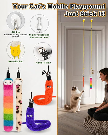 Cat Feather Toys, Enhanced Suction Cup Cat Toys, Interactive Cats Teaser Wand, 10pcs Fishing Pole Feathers Toy Replacements & 2pcs Bouncy Balls, 2 Types Door Hanging Cats String Toy
