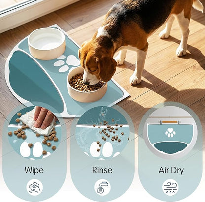 Dog Food Mat - 24''x16'' Absorbent Mat for Cat Dog Water Bowl, Non Slip Rubber Base Pet Water Mats Protect Floor, Easy Clean Cat Dogs Water Bowl Mats for Messy Drinkers, Dark Teal