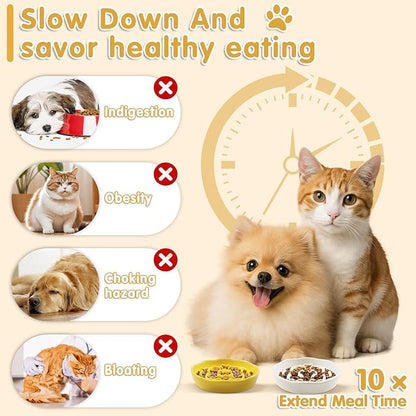 Cat Slow Feeder Bowl Set - 2 Pcs Pastel Series Cat Plate for Dry and Wet Food - Cute Maze Feeder Dish for Healthy Eating- Dishwasher Safe.(Yellow and White)