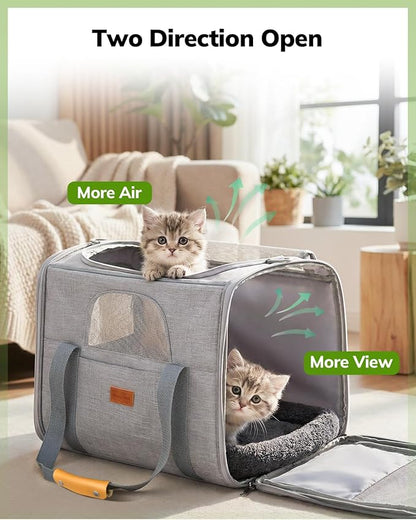 Morpilot Pet Travel Carrier Bag, Soft-Sided Dog Carrier Cat Carrier Pet Carrier, for Large Cats and Medium Puppies up to 25lbs, w/Locking Safety Zippers, Foldable Bowl (Light Gray)