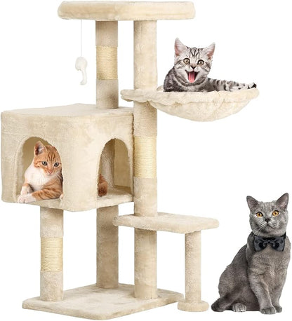 BestPet | 37" Cat Tree Tower | Beige | Sturdy Multi-Level Cat Tree with Plush Condo, Cozy Perch, Sisal Scratching Posts, Hanging Toy and Hammock | Easy Assembly | for Kittens & Adult Cats