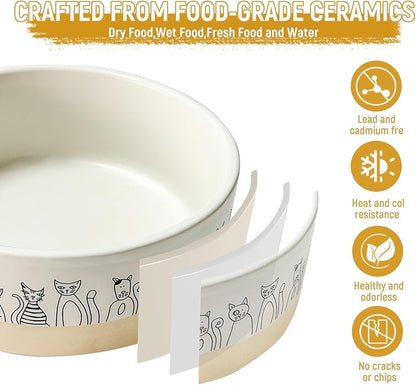 Ceramic Cat Bowls Set of 2，6.1inch Wide Cat Food Bowl with Cute Patterns Printing for Small Medium and Large Breed Dogs and Cats,Weighted Pet Feeding Dishes for Food and Water Dishwasher Safe