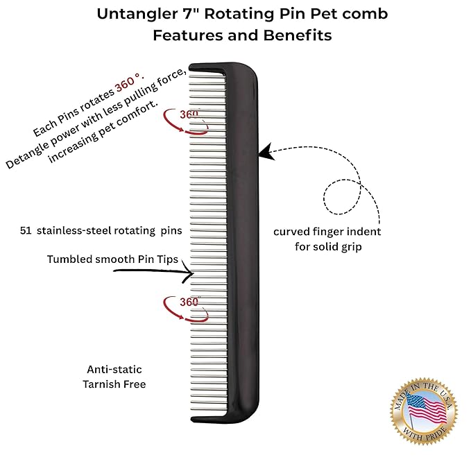 Pet comb for easy mat removal - silky smooth rotating teeth untangles without causing pain to pets (7" Onyx Black)