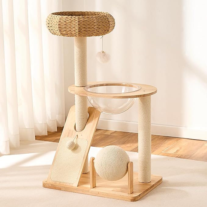 HITTITE Solid Wood Cat Tree Tower with Scratching Post, 36.6 Inches Tall Cat Towers with Scratching Board and Scratcher Ball, Modern Cat Tower With Space Capsule and Hand-Woven Basket for Indoor Cats.
