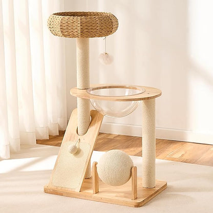 HITTITE Solid Wood Cat Tree Tower with Scratching Post, 36.6 Inches Tall Cat Towers with Scratching Board and Scratcher Ball, Modern Cat Tower With Space Capsule and Hand-Woven Basket for Indoor Cats.