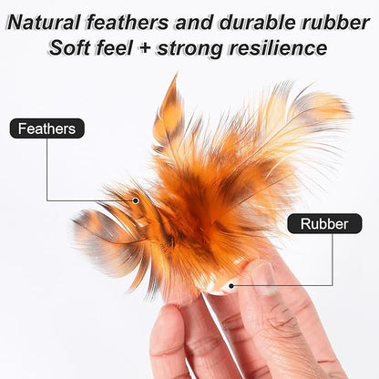 Cat Bouncy Ball with Feathers - 5 Pack Interactive Cat Feather Toys for Indoor Cats, Rubber Kitten Fetch Chase Toy for Interactive Exercise & Hunting Play