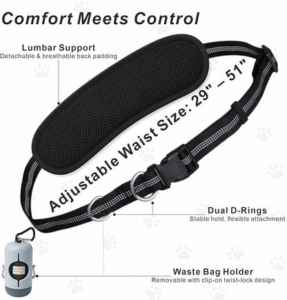 Hands-Free Dog Leash for Dogs up to 130 lbs – Heavy-Duty, Shock-Absorbing Bungee Leash with Zipper Pouch, Dual Padded Handles & Adjustable Waist Belt for Running & Walking – Classic Red
