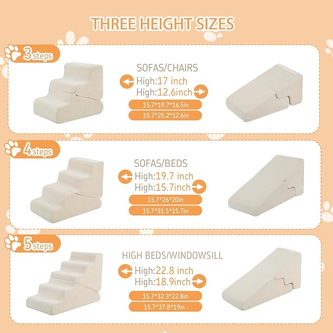 Dog Ramp for Bed, 20" H Dog Stairs for High Bed, 2 in 1 Pet Steps for Small Dogs, 4-Step Foldable Transformable Large Cats Ramp to Get on Couch, Non-Slip Balanced, Beige