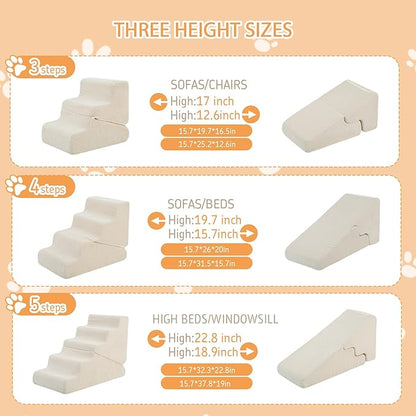 Dog Ramp for Bed, 20" H Dog Stairs for High Bed, 2 in 1 Pet Steps for Small Dogs, 4-Step Foldable Transformable Large Cats Ramp to Get on Couch, Non-Slip Balanced, Beige