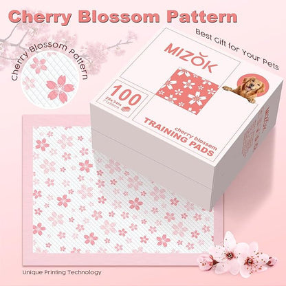 MIZOK 100 Counts Dog Pee Pads Extra Large 28"x34", Potty Pads for Big Dog Breeds, Super Absorbent & Leak-Proof, Pink Cherry Blossom Prints, 4-Corner Adhesive Tabs, Thick & Heavy, XL