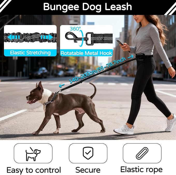 Hands Free Dog Leash with Waist Bag for Large Dog Walking, Shock Absorbing Bungee Leash with Zipper Pouch for Running, Dual Padded Handles & Adjustable Waist Belt