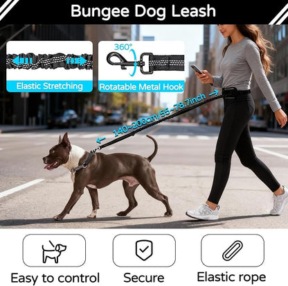 Hands Free Dog Leash with Waist Bag for Large Dog Walking, Shock Absorbing Bungee Leash with Zipper Pouch for Running, Dual Padded Handles & Adjustable Waist Belt