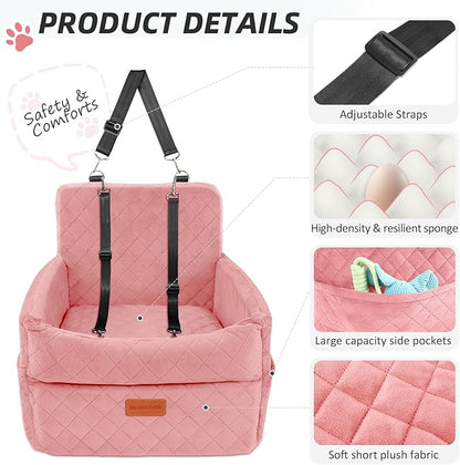 HEGGCOOE Dog Car Seat for Small Medium Dogs, Memory Foam Puppy Dog Booster Seat with Thick Cushion for Dogs Under 35lbs, Detachable Washable Pet Car Seat Travel Bed with Storage Pockets,2 Safety Belts