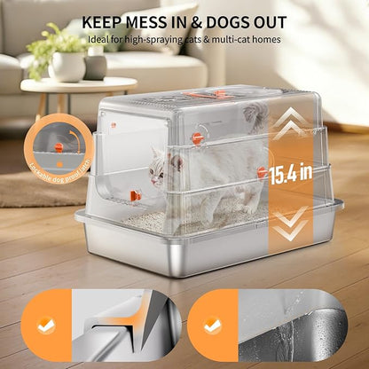 Stainless Steel Cat Litter Box with Lid, Extra Large High Sided Enclosed Metal Litter Pan, Flip Top with Portable Handle, Include Scoop & Step,Easy to Clean, Leak Proof, Dog Proof, Odor Control, Grey