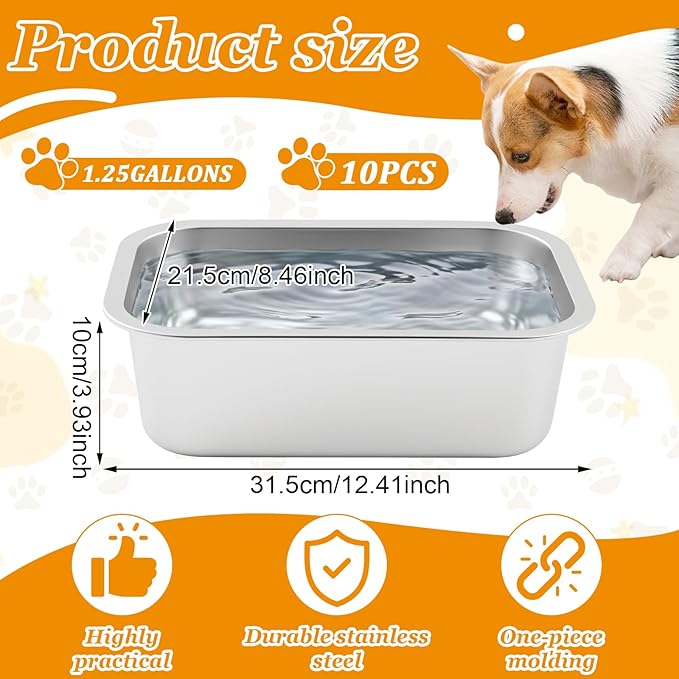 LemonRoad 10 Pcs Large Stainless Steel Metal Dogs Bowls Bulk 1.25 Gallons Capacity Pet Food Dish Rust Resistant for Medium, Larges, X-Large Dogs Pets Indoor and Outdoor Use