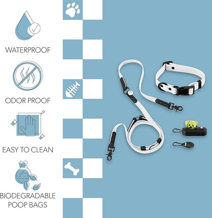 WLK1004F-5SET Luna Small 8FT Adjustable 6-in-1 Waterproof Hands-Free Leash and Collar with LED Flashlight, Bag Dispenser, and Poop Bag Holder, Seltzer