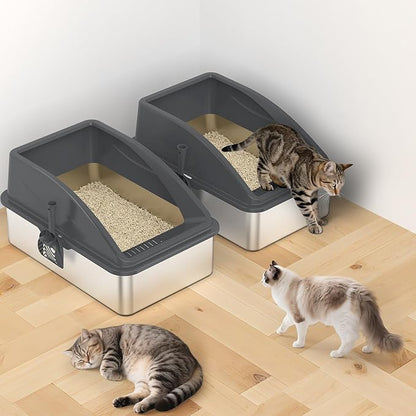 2 Pack Stainless Steel Litter Box | XL Enclosed Cat Litter Boxes with Lid for Big Cats and Multi-Cats | High Sided, Anti-Urine Leakage | Non-Stick Bottom（Dark Gray）