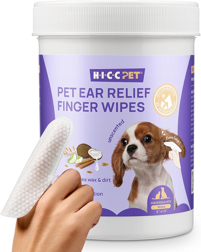 HICC PET Ear Cleaner Wipes for Dogs & Cats, Vet-Recommended Dog Ear Infection Treatment to Relief Itching & Inflammation, Remove Wax, Dirt & Stop Smelly, Cleaning Deodorizing Wipes 50ct(Unscented)