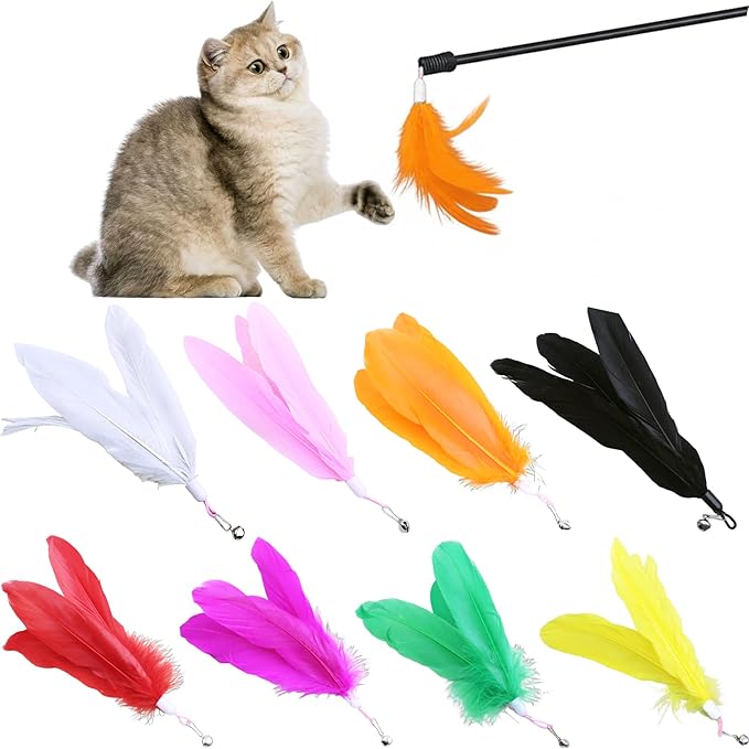 Cat Toy Refill, 8 Pack Large Feather Toy with Bell for Cat Wand Toy Accessories Cat Toy Attachment Replacements, 7.87” Realistic Size Feather Toy for Bored Indoor Adult Cat Play Exercise