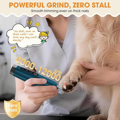 Dog Nail Grinder with LED Light, 6-Speed Quiet Electric Pet Nail Trimmers, Forward/Reverse, Powerful No-Stall Motor, 2000mAh Battery 8H Runtime, 95% Dust Capture for Dogs & Cats
