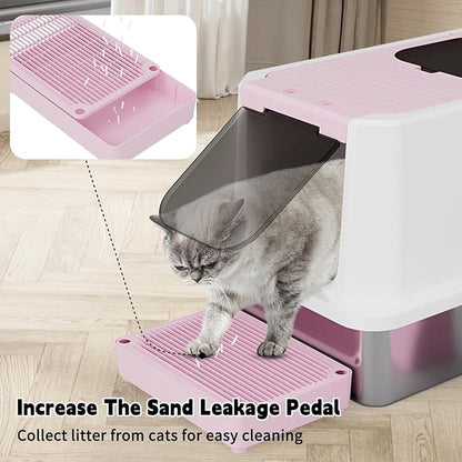 RIZZARI Enclosed Cat Litter Box: Large Top & Front Entry - High-Sided Anti-Scatter Design - Stainless Steel Odor Control - Easy Clean Teflon Non-Stick Coating- Pink Litter Pan - Entryway/Closet Nook