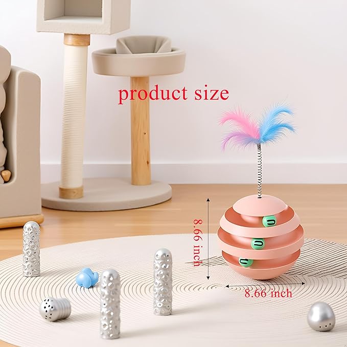 Interactive Cat Toy for Indoor Cats, 3-Layer Ball Track with Tumbler Base & Feather, Self-Play Kitten Toy to Reduce Boredom & Anxiety, Durable Interactive Pet Toy for Kittens and Adult Cats (pink)