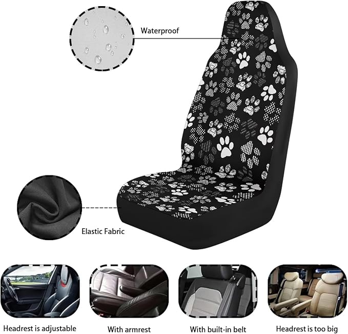 Car Seat Covers Waterproof Cute Dog Paw Print Car Seat Cover for Front Seats Set of 2 Easy Installation Universal Front Cars Seats Cover Fit for Cars, SUV and Trucks