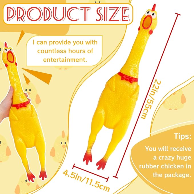 22 Inch Crazy Huge Rubber Chicken,Yellow Squeeze Chicken Toys,Squeaky Chicken Dog Toys,Squawking Prank Novelty Gag Gift