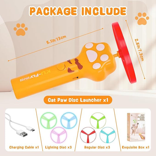Cat Chase Fetch Toy - Rechargeable Disc Launcher with 6 Flying Spinners - Best Interactive Pet Hunting Toys for Indoor Outdoor Yard Cats Dog (Yellow)