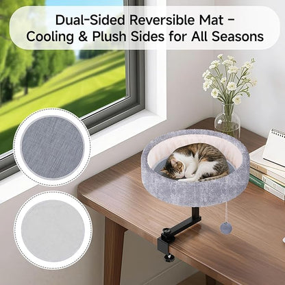 Cat Desk Bed - 360° Rotating & Adjustable, Supports 50 lbs, Soft Faux Fur with Dual-Sided Reversible Mat, Modern Indoor Cat Nest Furniture for Office Desks and Game Tables, Island Table