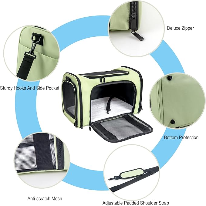Soft Sided Carrier for Small Medium Cats Dogs ,Removable Pad Collapsible Travel Pet Carrier Large Green