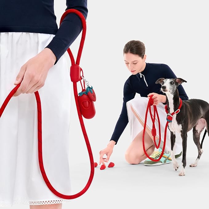 VETRESKA Hands-Free Dog Leash, 8FT Adjustable Rope Leash for Medium Large Dog, Waist/Crossbody Slip Lead Leashes for Walking, No Pull Leashes with Bag Dispenser, Clip, 3 in 1 Walk Kit (Strawberry)